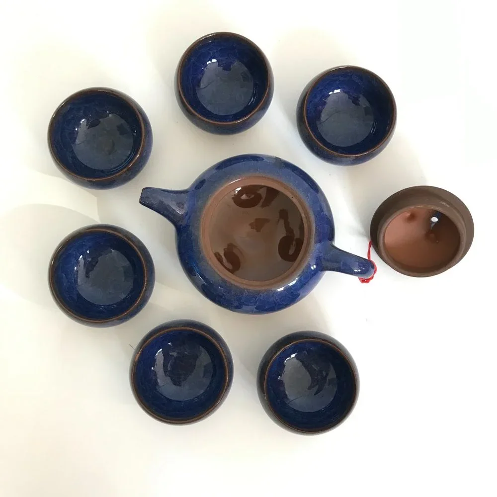 Asian Blue Ice Crackle Glazed Terracotta Teapot and Tea Cup Set - 7 Pieces - Picture 3 of 11